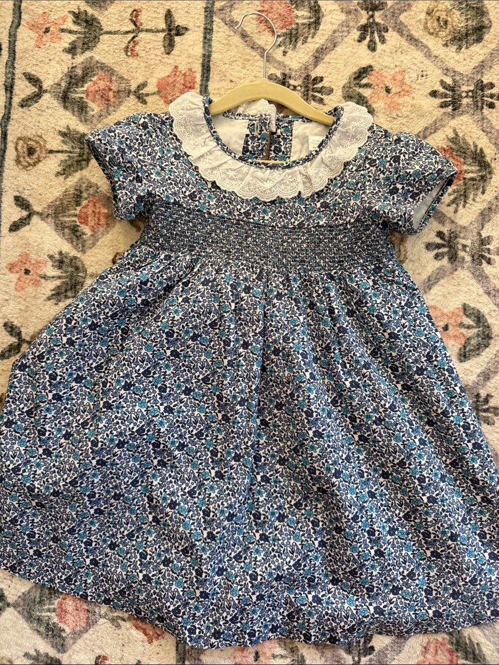 Edgehill Collection Blue Floral Smocked Dress with White Lace Collar NWOT